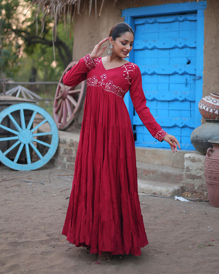 Maroon Color Reyon Ruffle Style Navratri Gown