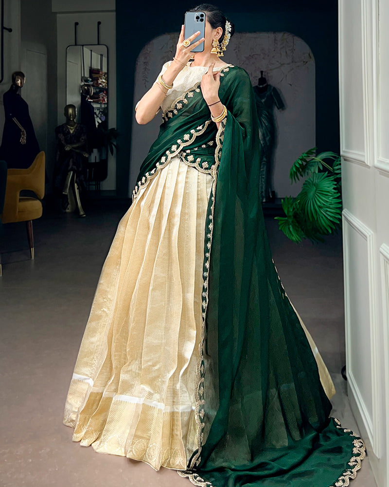 Green Color Jacquard Chex Half Saree