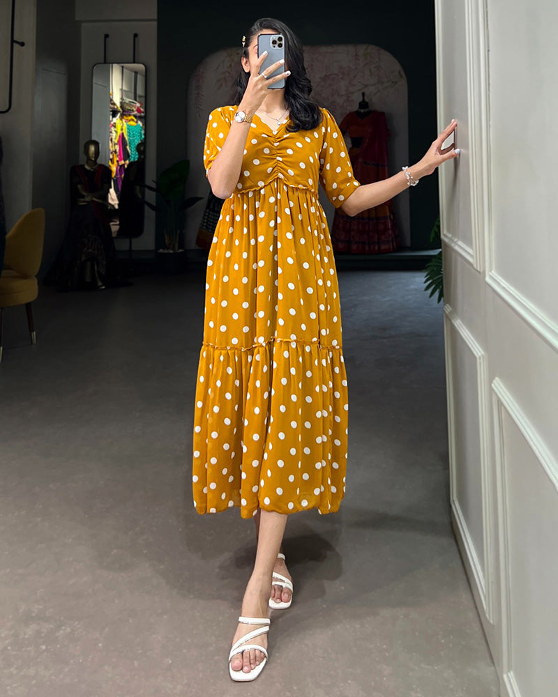 Mustard Color Georgette Dot Printed Long Kurti