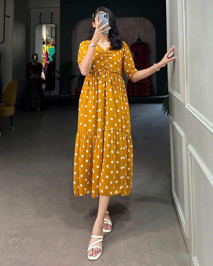 Mustard Color Georgette Dot Printed Long Kurti