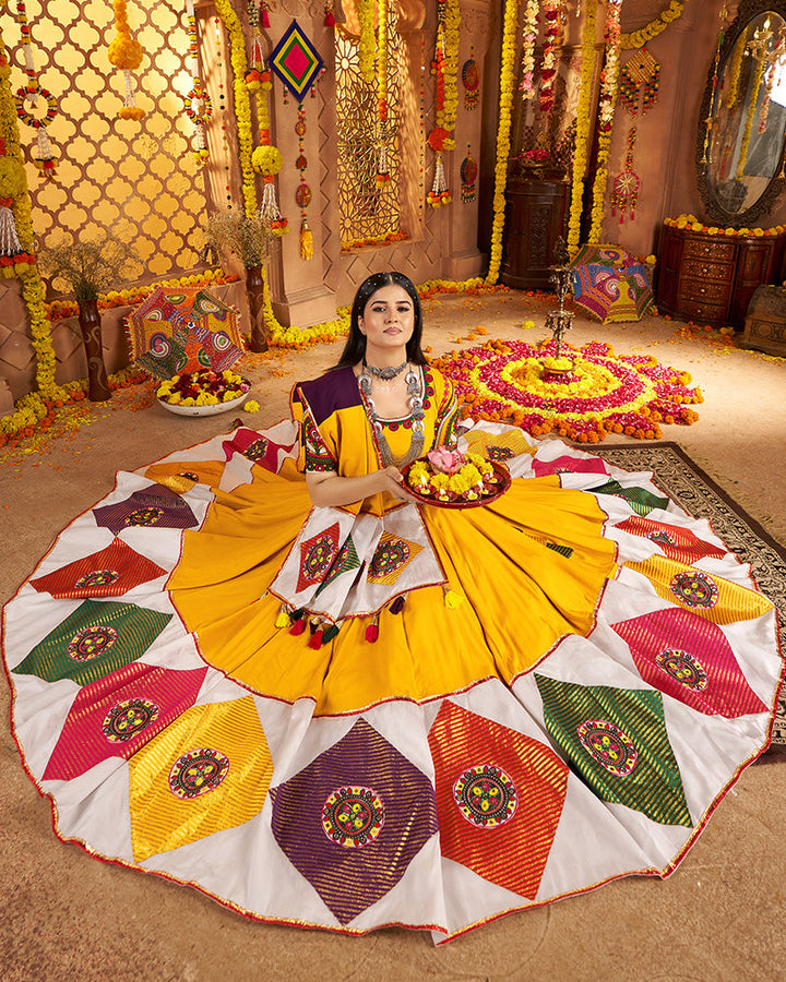 Mustard Yellow Viscose Cotton Embroidered Navratri Chaniya Choli