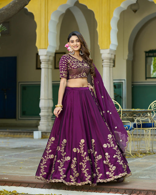Wine Color Rangoli Silk Embroidered Lehenga Choli