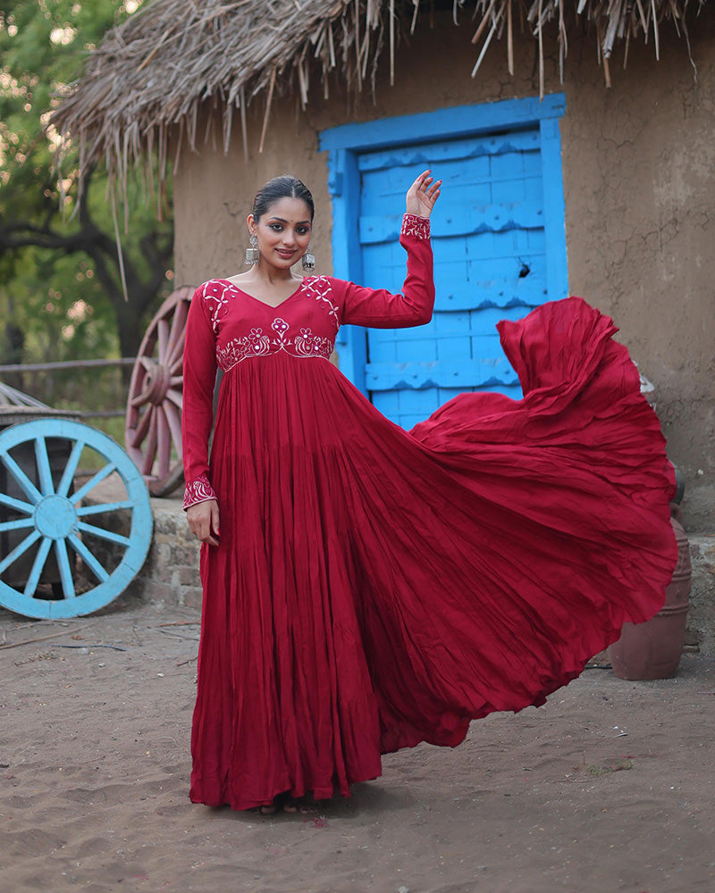 Maroon Color Reyon Ruffle Style Navratri Gown