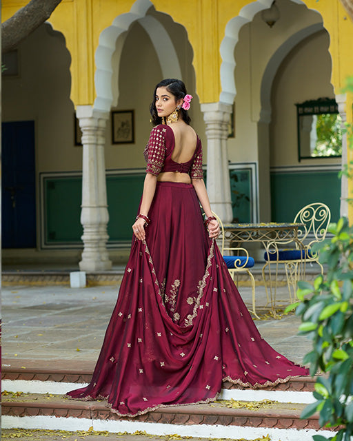 Dark Maroon Color Rangoli Silk Embroidered Lehenga Choli