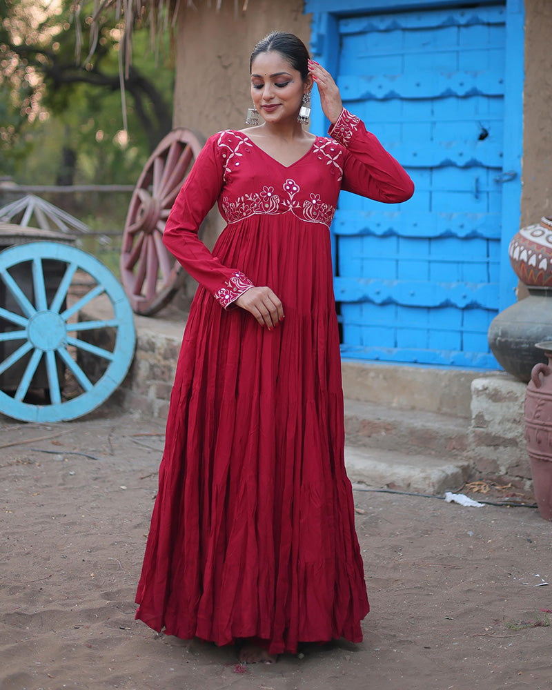 Maroon Color Reyon Ruffle Style Navratri Gown
