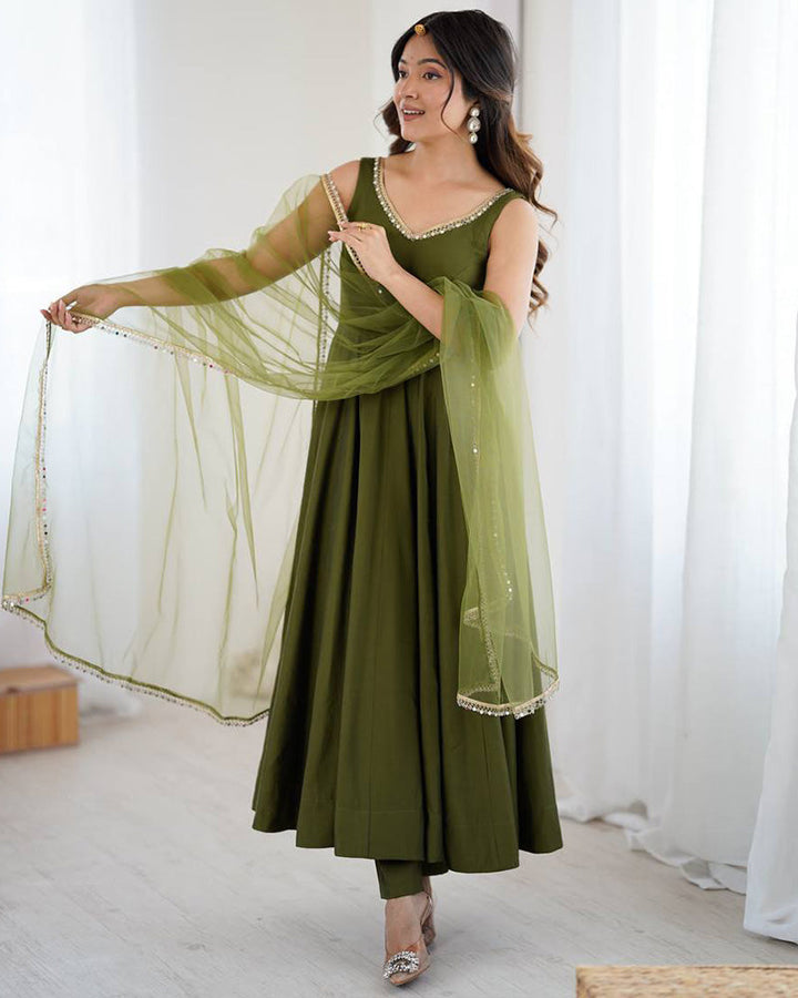 Mehndi Color Chanderi Pure Roman Silk Anarkali Suit