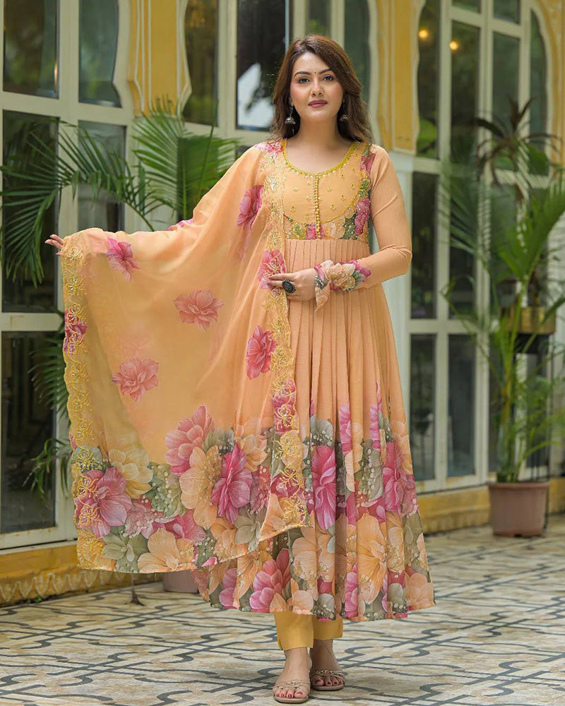Orange Color Faux Georgette Printred Anarkali Suit