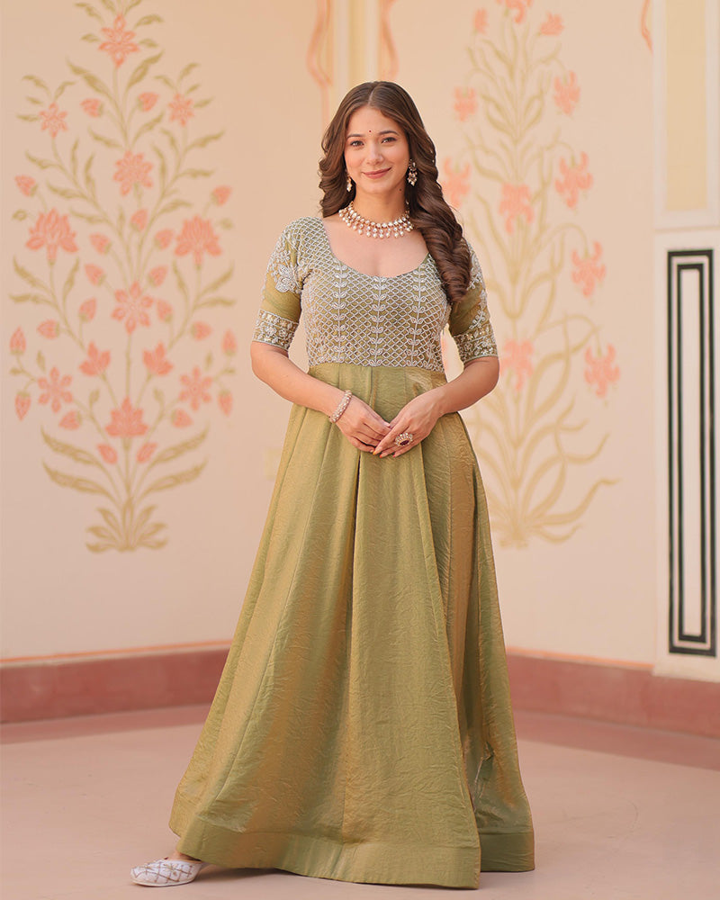 Mehndi Color Fendi Embroidered work Gown