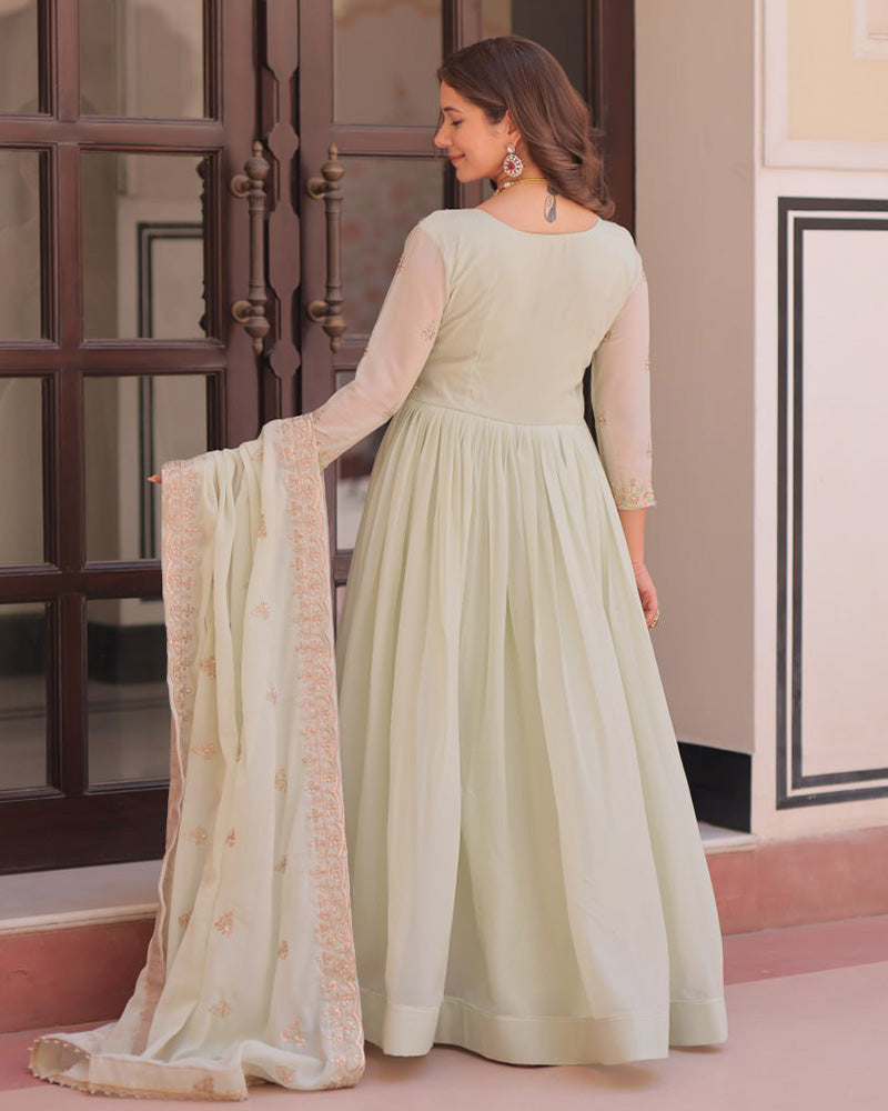 Designer Pista Color Star Georgette Embroidered Gown
