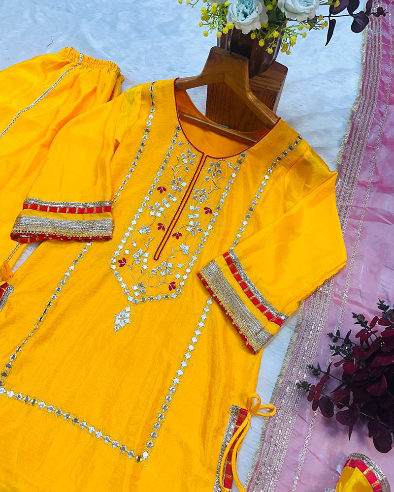 Yellow Color Chinon Silk Embroidered Sharara Suit