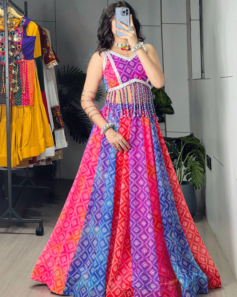 Multi Color Faux Georgette Foil Printed Navratri Lehenga Set