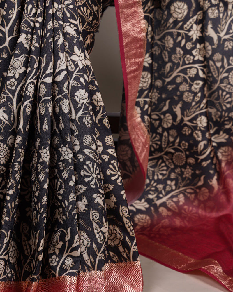 Black Color Designer Tasar Silk Printed Saree