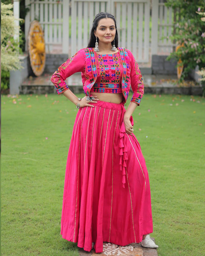 Elegant Pink Mirror Work Navratri Lehenga With Jacket Style Blouse