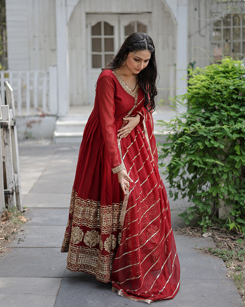 Maroon Color Designer Fully Stitched Anarkali Gown