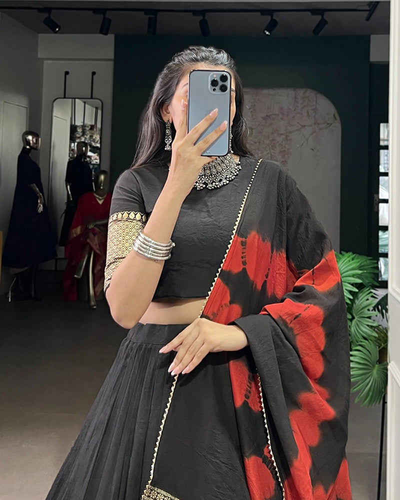 Designer Black Color Pure Chanderi Plain Half Saree