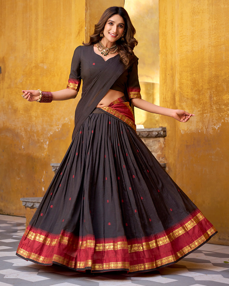Traditional Black Color Chanderi Half Saree With Zari Detailing