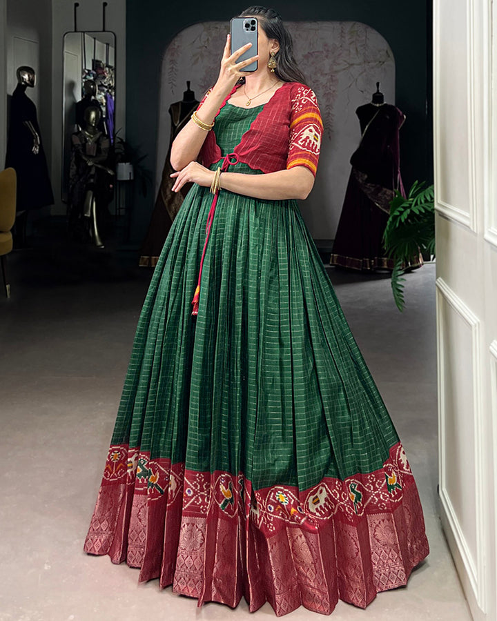 Designer Green Color Tasar Chex Patola Printed Gown