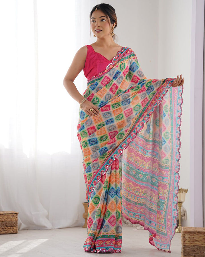 Multi Pink Color Chinnon Silk Printed Saree