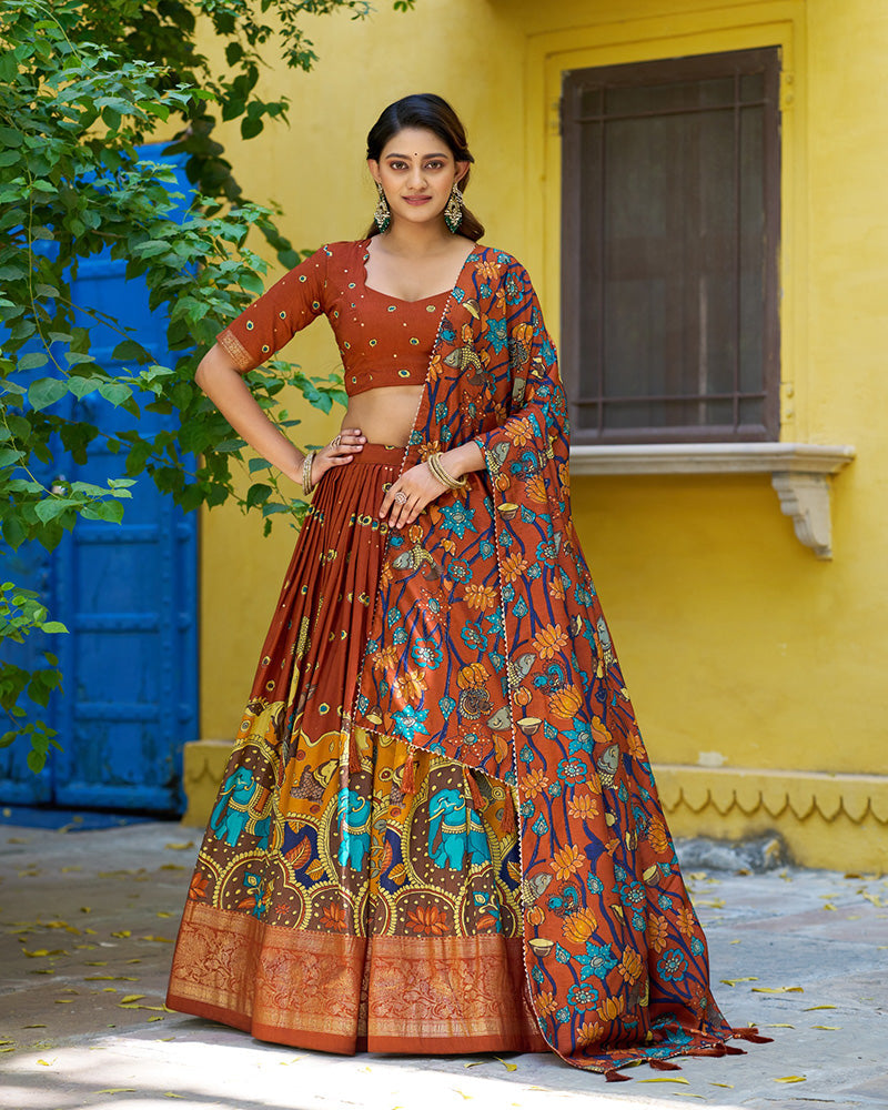 Rust Orange Color Tussar Silk Kalamkari Printed Lehenga Choli
