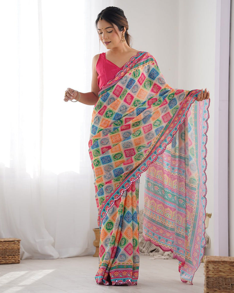 Multi Pink Color Chinnon Silk Printed Saree