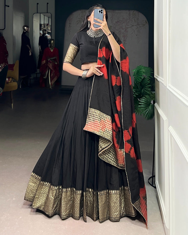Designer Black Color Pure Chanderi Plain Half Saree