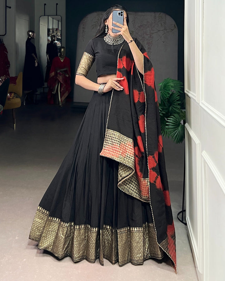 Designer Black Color Pure Chanderi Plain Half Saree