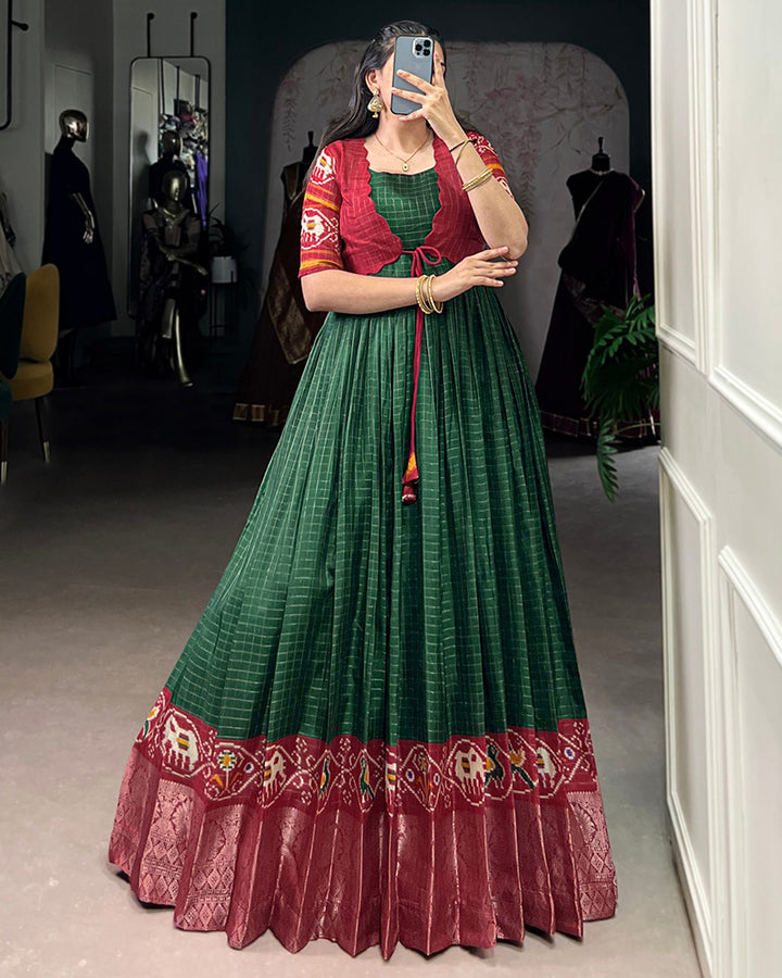 Designer Green Color Tasar Chex Patola Printed Gown