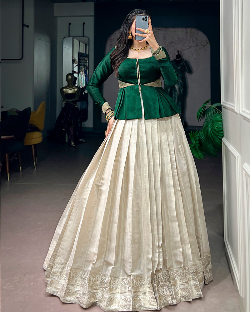 Cream Color Zari Weaving Kanchipuram Lehenga Choli