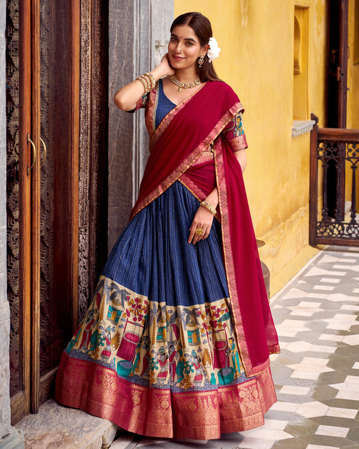 Navy Blue Color Poly Chanderi Printed Half Saree