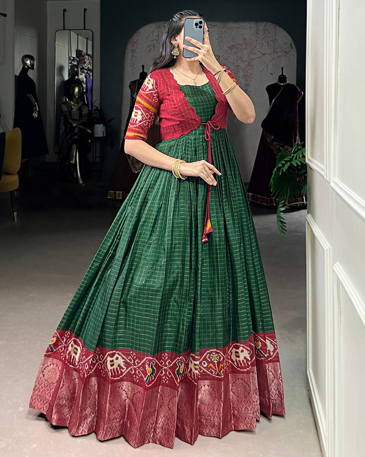 Designer Green Color Tasar Chex Patola Printed Gown