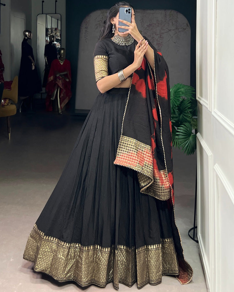 Designer Black Color Pure Chanderi Plain Half Saree