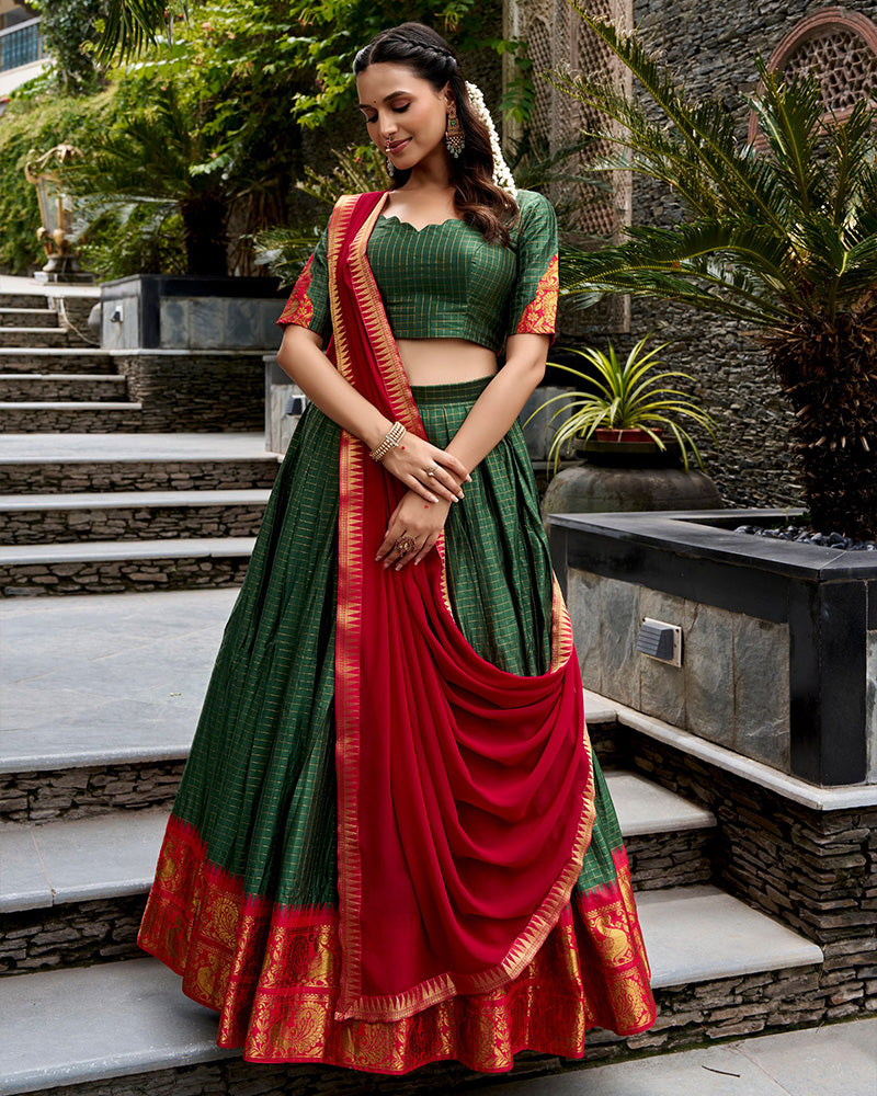 Cultural Green and Red Color Poly Cotton Lehenga Chex Half Saree