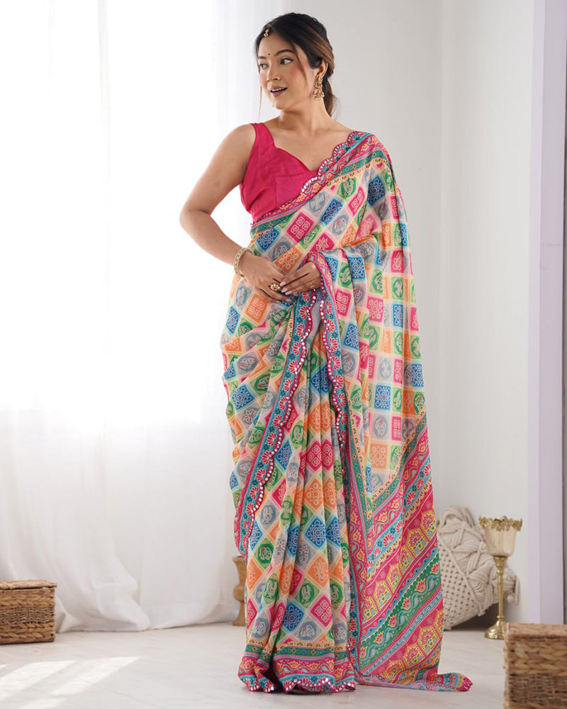 Multi Pink Color Chinnon Silk Printed Saree