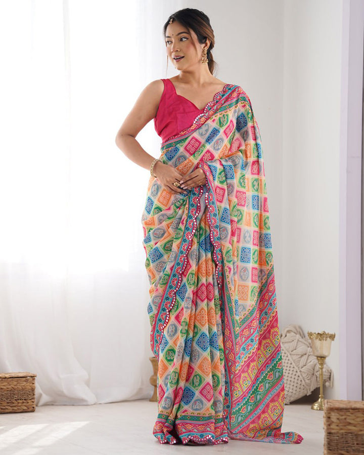 Multi Pink Color Chinnon Silk Printed Saree