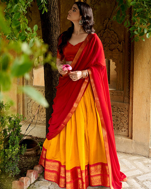 Elegant Yellow Color Kanchipuram Designer Half Saree