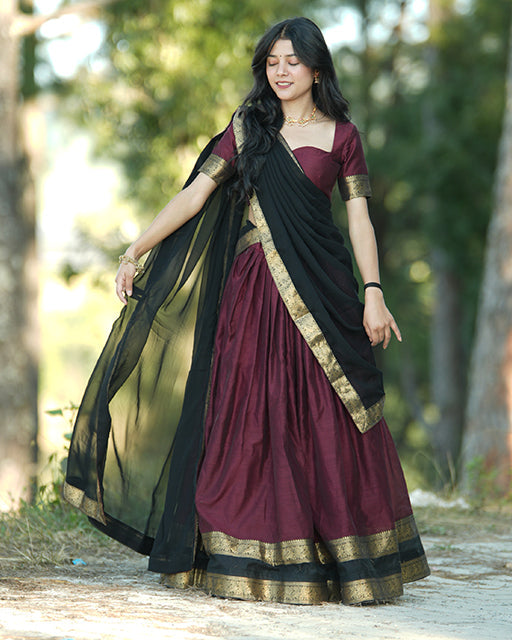 Wine Color Kanjivaram Silk Cultural Half Saree