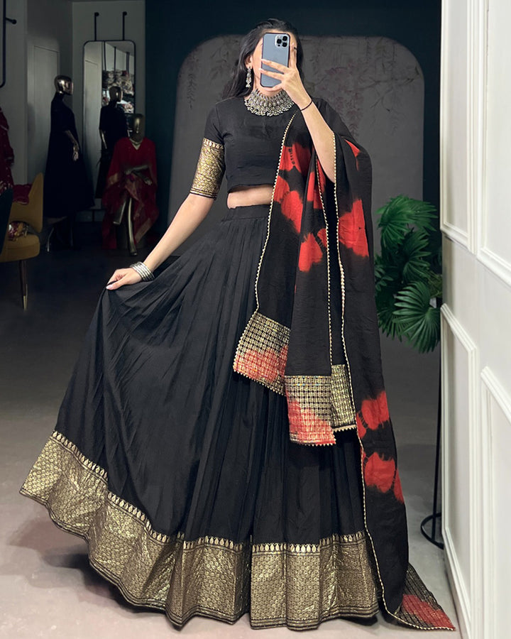 Designer Black Color Pure Chanderi Plain Half Saree