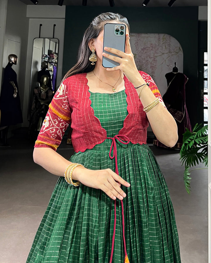 Designer Green Color Tasar Chex Patola Printed Gown