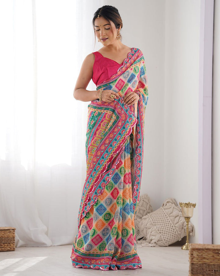 Multi Pink Color Chinnon Silk Printed Saree