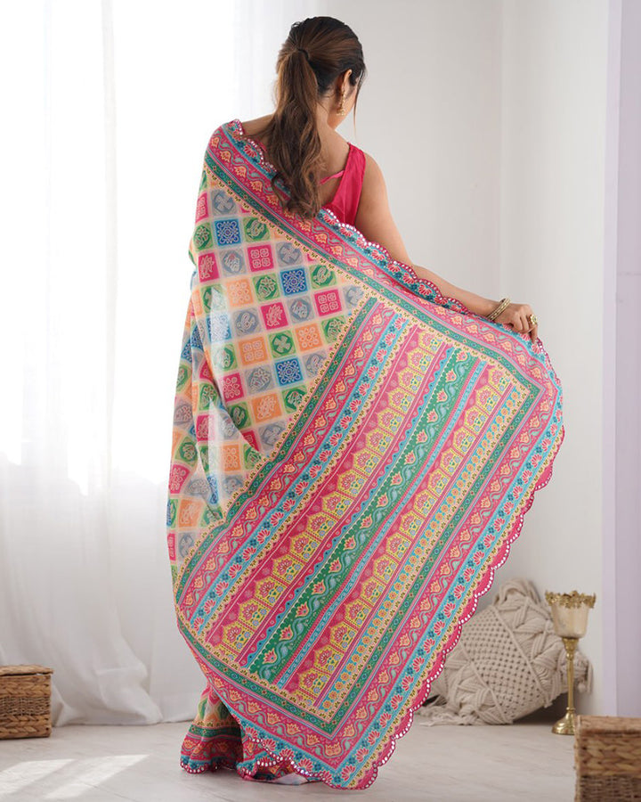 Multi Pink Color Chinnon Silk Printed Saree