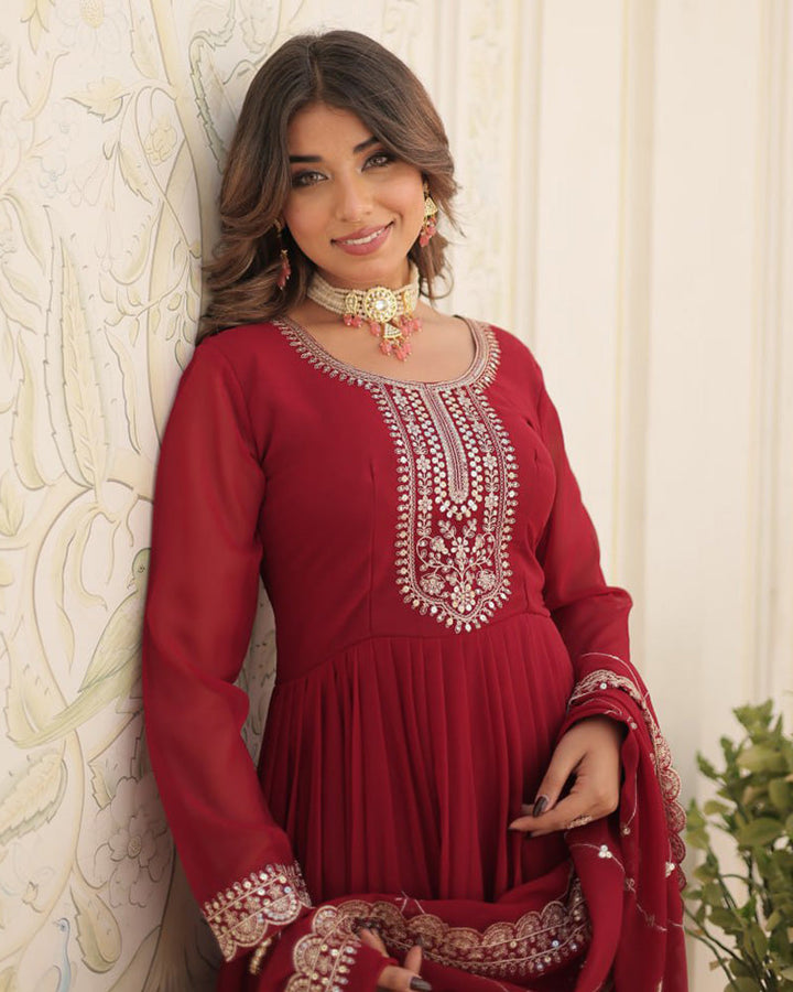 Maroon Color Faux Blooming Rich Sequence Embroidered Gown