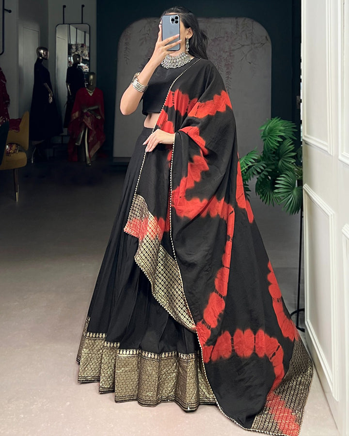 Designer Black Color Pure Chanderi Plain Half Saree