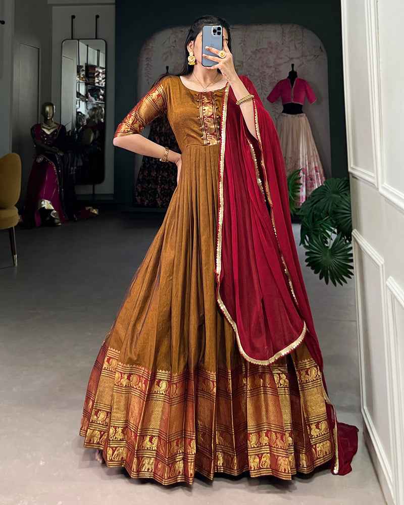 Designer Golden Color Narayan Pet Cotton Gown