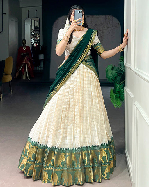 White And Green Color Poly Cotton Chex Onam Half Saree