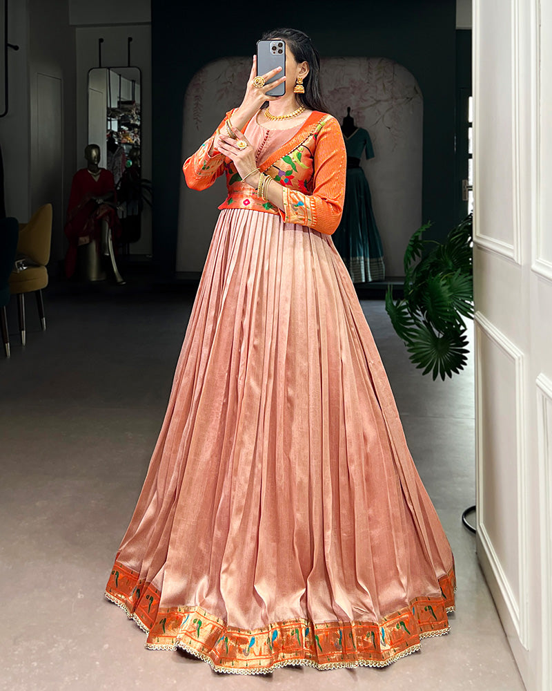 Peach Color Vichitra Silk Zari Weaving Gown