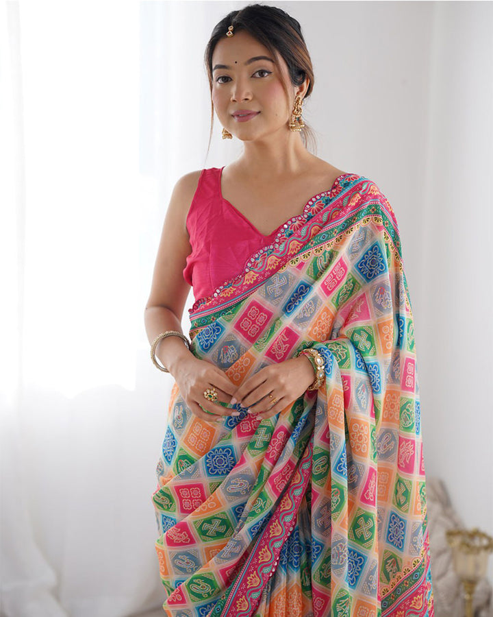 Multi Pink Color Chinnon Silk Printed Saree
