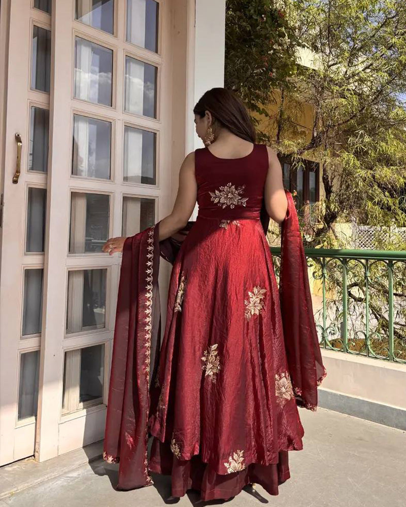 Maroon Color Fendi Satin Zari Sequence Party Gown