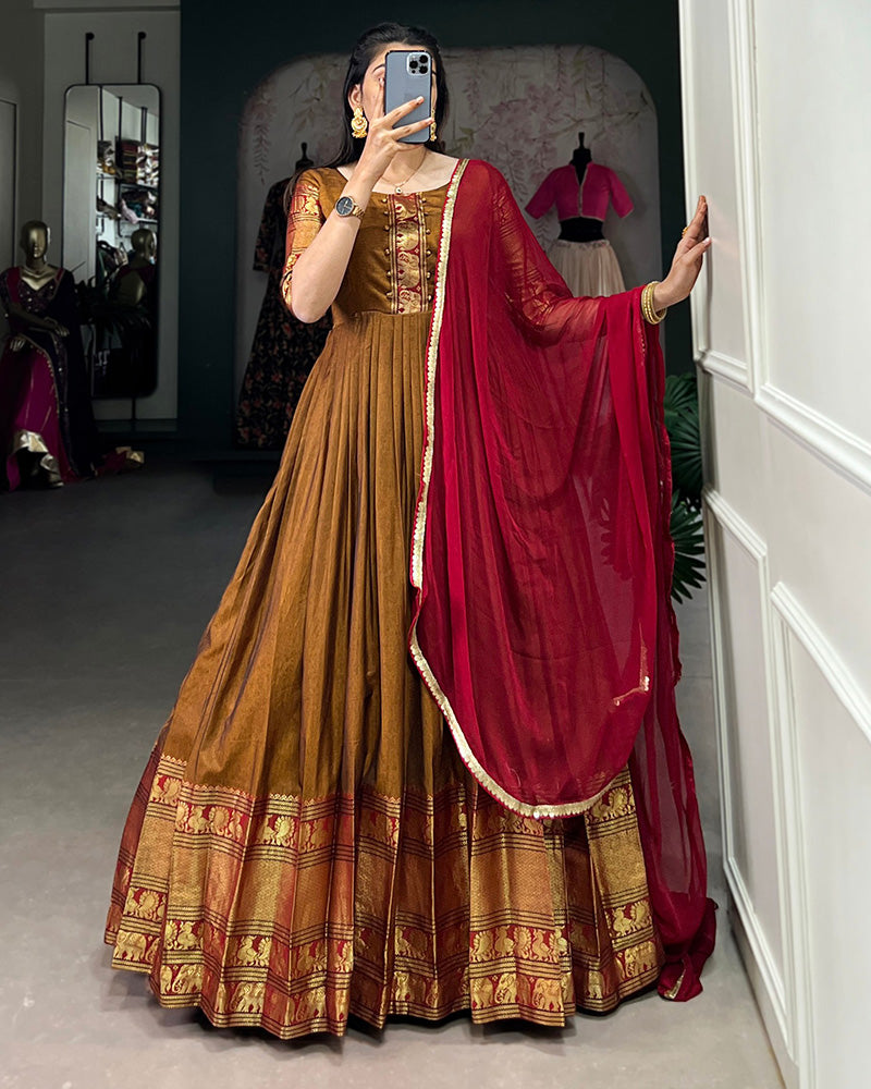 Designer Golden Color Narayan Pet Cotton Gown