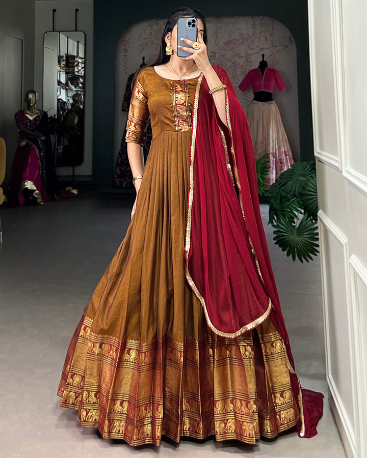 Designer Golden Color Narayan Pet Cotton Gown