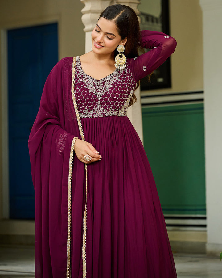 Designer Wine Color Faux Blooming Embroidered Gown